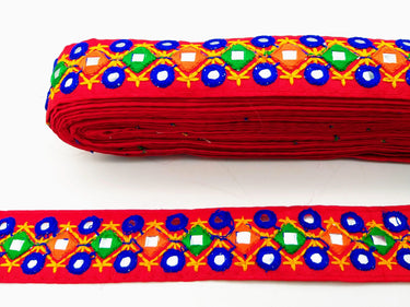 Red Multicoloured Indian Mirror Trim Kutch Embroidered Navratri Garba Dress Trim Bridal Lace, Indian Sari Border 36 mm Wide Trim Per Yard